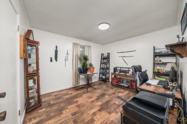 home office featuring dark hardwood / wood-style floors and a textured ceiling