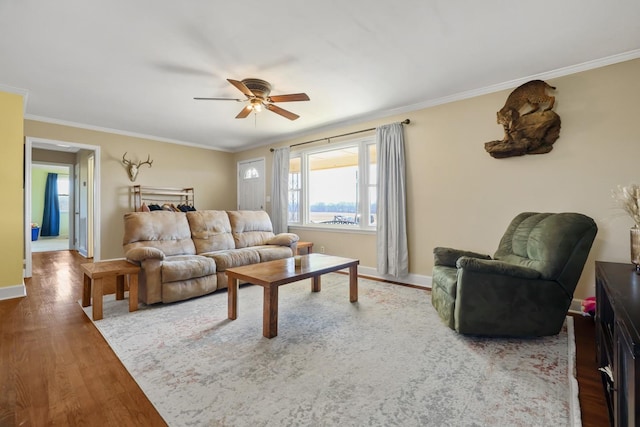 living room featuring ceiling fan, ornamental molding, and hardwood / wood-style floors