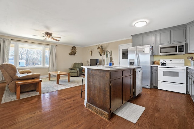 kitchen featuring sink, ornamental molding, dark hardwood / wood-style floors, stainless steel appliances, and a kitchen island with sink