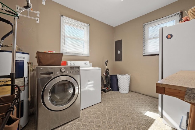 laundry area with water heater, washing machine and clothes dryer, and electric panel