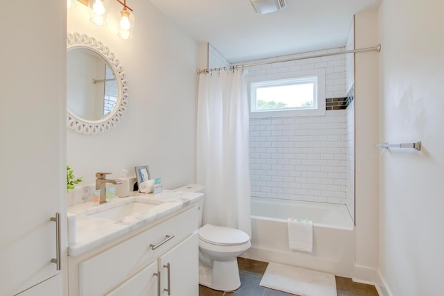 full bathroom with vanity, shower / tub combo, tile patterned flooring, and toilet