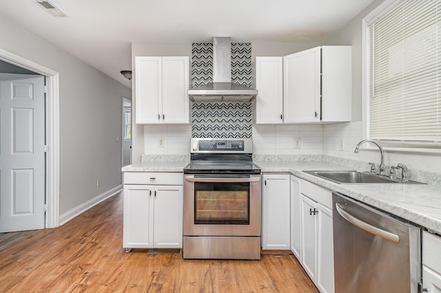 kitchen featuring sink, appliances with stainless steel finishes, white cabinets, wall chimney range hood, and backsplash