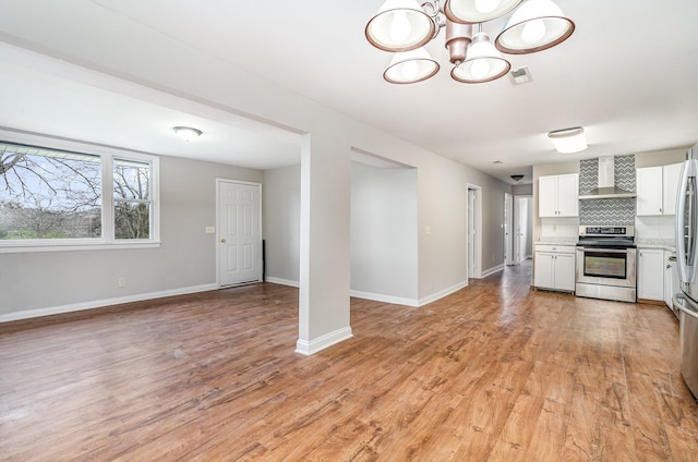 kitchen with light wood-type flooring, appliances with stainless steel finishes, white cabinets, wall chimney range hood, and backsplash