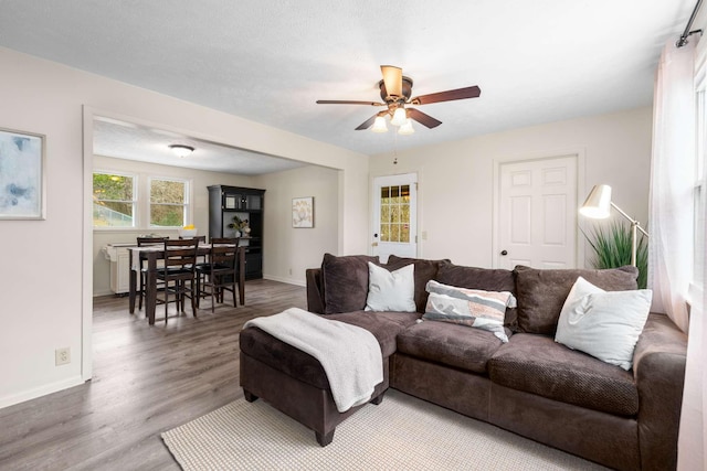 living room with hardwood / wood-style flooring and ceiling fan