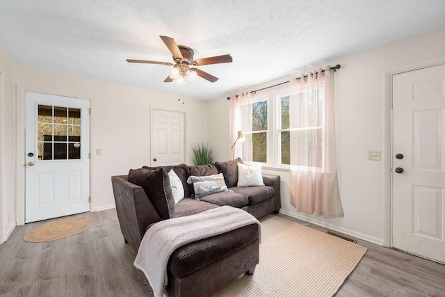 living room featuring ceiling fan, a textured ceiling, and light hardwood / wood-style flooring