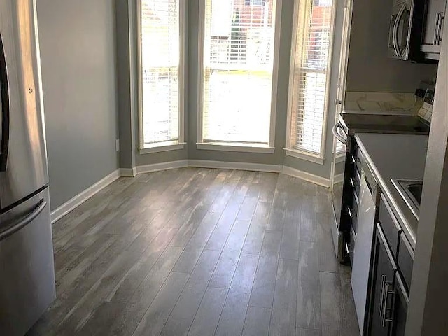 kitchen featuring stainless steel appliances and dark hardwood / wood-style floors