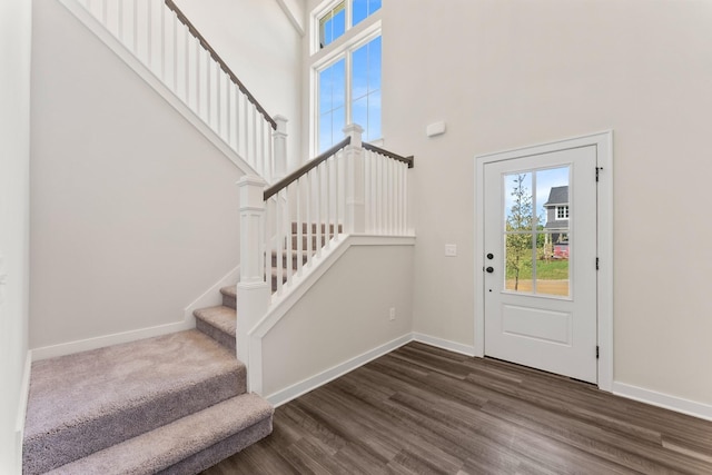 foyer with dark wood-type flooring and a high ceiling