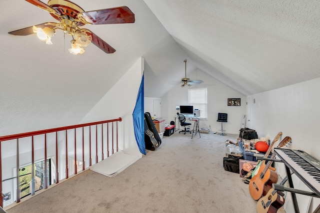 additional living space featuring vaulted ceiling, carpet floors, and a textured ceiling