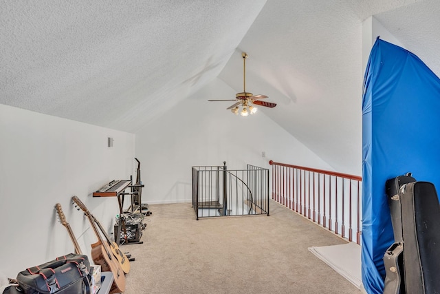 additional living space featuring vaulted ceiling, ceiling fan, carpet floors, and a textured ceiling