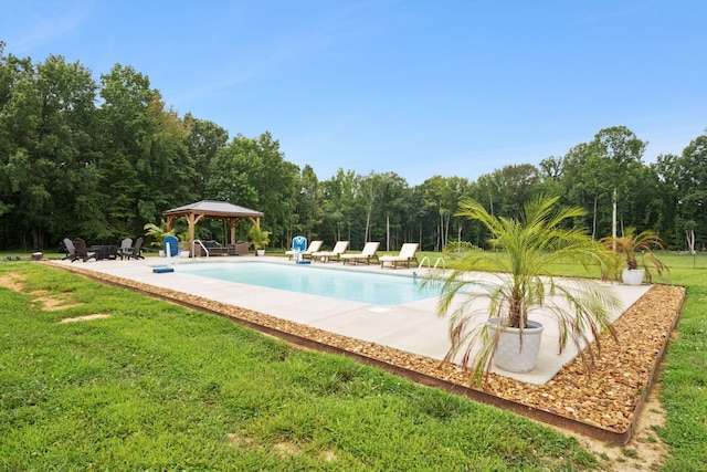 view of swimming pool with a gazebo, a patio, and a lawn