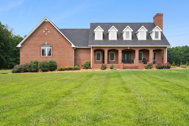 cape cod house featuring covered porch and a front yard