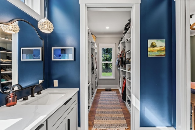 bathroom with vanity and wood-type flooring