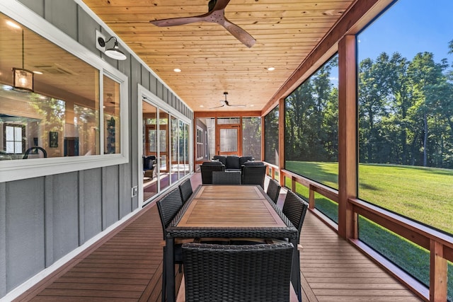 sunroom / solarium featuring wood ceiling, plenty of natural light, and ceiling fan