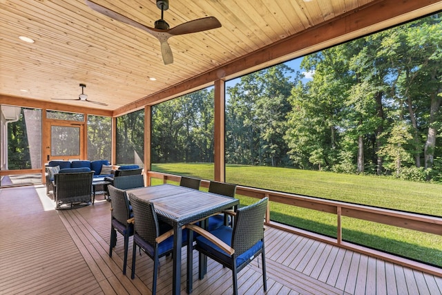 sunroom / solarium featuring wooden ceiling and ceiling fan