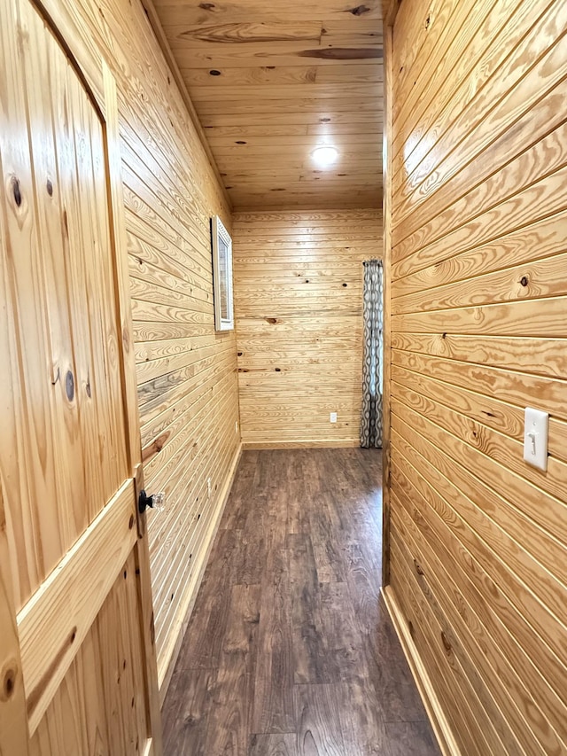 hallway with wooden ceiling, dark wood finished floors, and wood walls