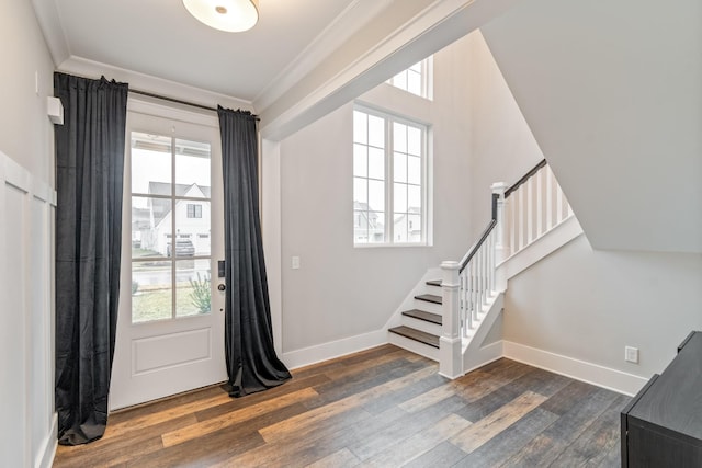 foyer entrance featuring ornamental molding, a healthy amount of sunlight, and dark hardwood / wood-style floors