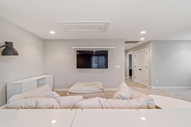 living room with light colored carpet