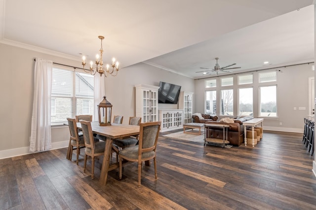 dining space featuring ceiling fan with notable chandelier, ornamental molding, and dark hardwood / wood-style floors