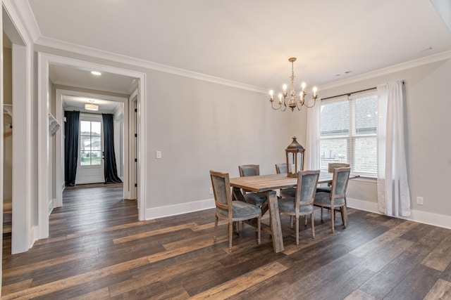 dining room with ornamental molding, a notable chandelier, and dark hardwood / wood-style flooring