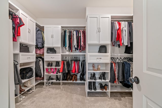 walk in closet with light colored carpet