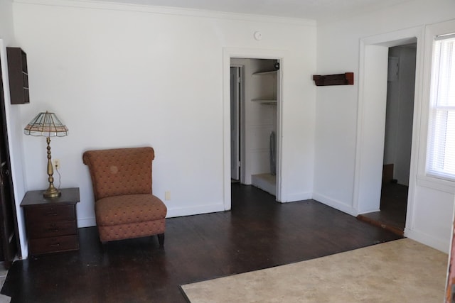 living area featuring crown molding and dark wood-type flooring