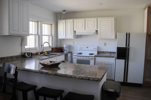 kitchen with sink, white cabinets, white appliances, and kitchen peninsula