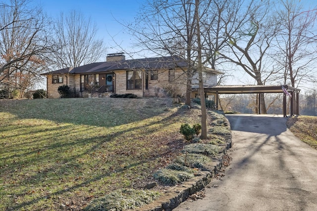 single story home with a carport and a front lawn