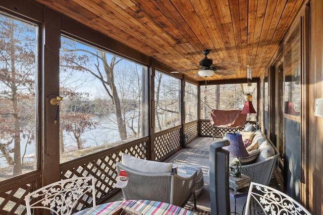 sunroom / solarium with wooden ceiling and ceiling fan