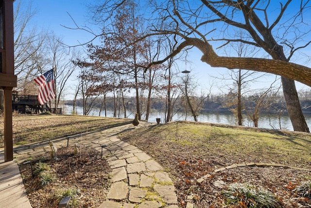 view of yard with a water view