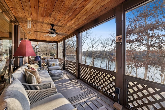 unfurnished sunroom featuring wooden ceiling and ceiling fan