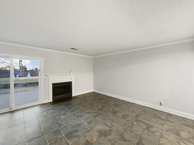 unfurnished living room featuring crown molding and a textured ceiling