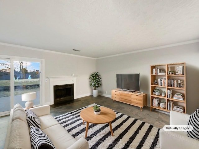 living room with ornamental molding