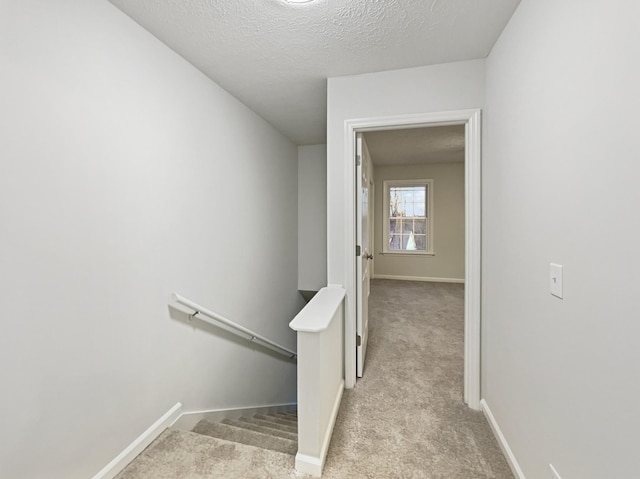 stairs featuring carpet flooring and a textured ceiling