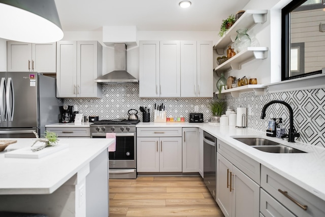 kitchen with wall chimney exhaust hood, sink, tasteful backsplash, light hardwood / wood-style flooring, and stainless steel appliances