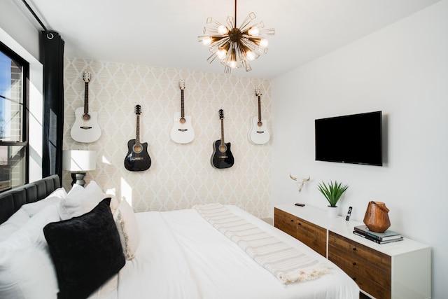 bedroom with an inviting chandelier