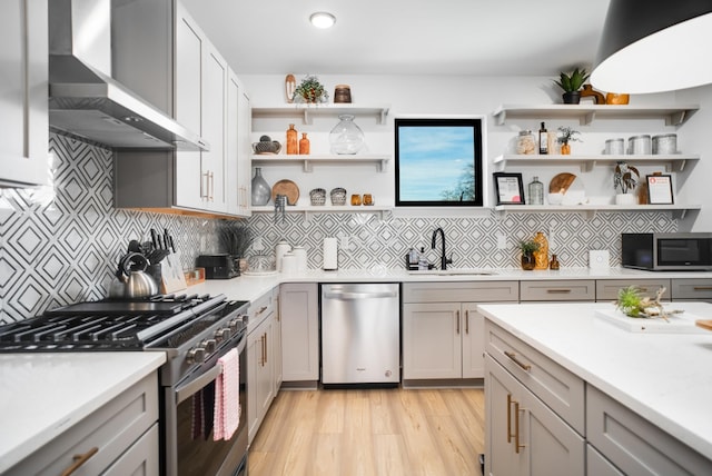 kitchen featuring wall chimney range hood, sink, appliances with stainless steel finishes, backsplash, and light wood-type flooring