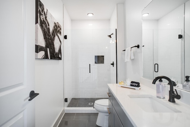 bathroom with vanity, toilet, a shower with door, and tile patterned flooring