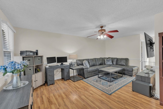 living room with ceiling fan, a textured ceiling, and light hardwood / wood-style floors