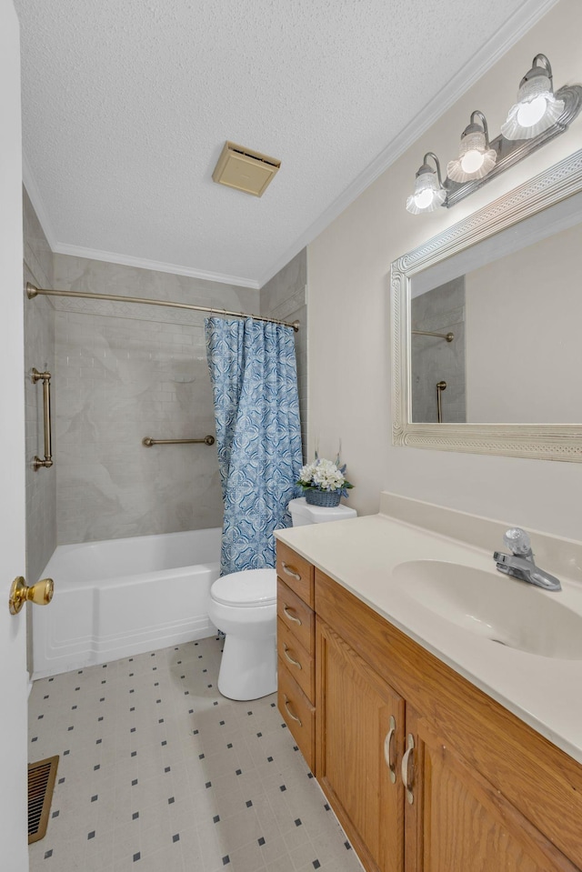 full bathroom featuring crown molding, vanity, shower / bath combo with shower curtain, and a textured ceiling