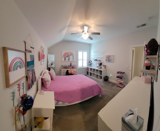 carpeted bedroom with lofted ceiling and ceiling fan