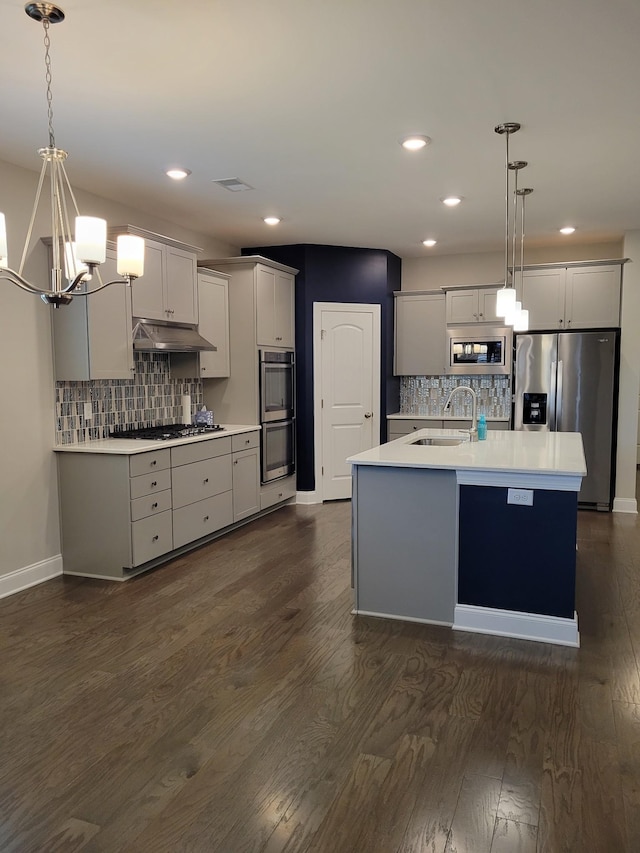 kitchen with pendant lighting, sink, a kitchen island with sink, and appliances with stainless steel finishes