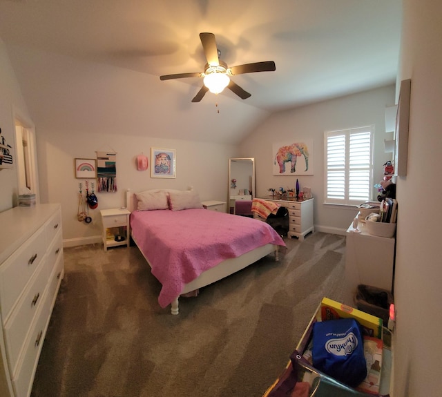 carpeted bedroom featuring lofted ceiling and ceiling fan