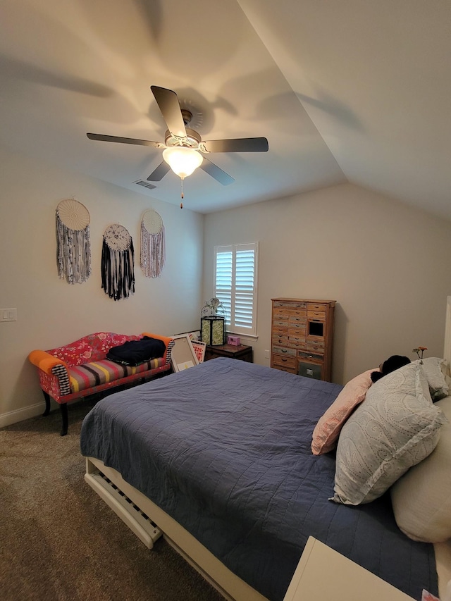 carpeted bedroom with lofted ceiling and ceiling fan