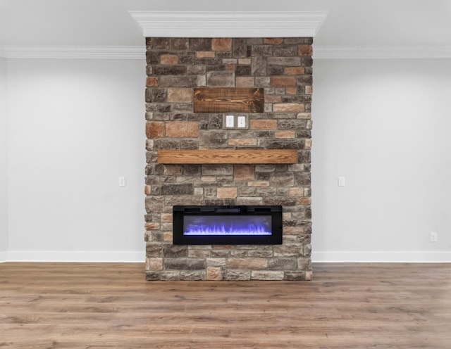 room details featuring hardwood / wood-style flooring, ornamental molding, and a fireplace