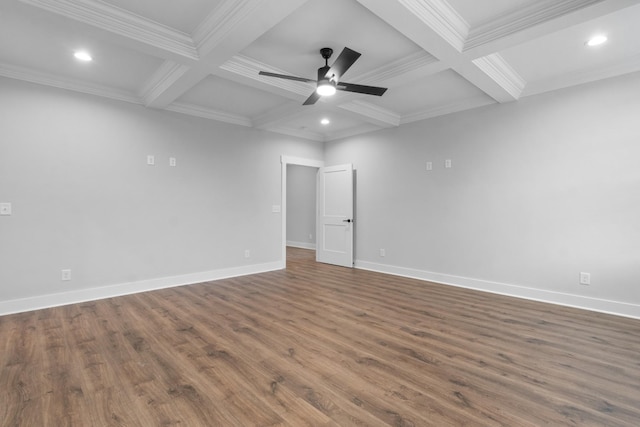 empty room with coffered ceiling, beam ceiling, ornamental molding, and dark hardwood / wood-style floors