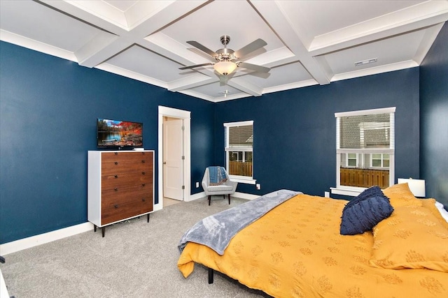 bedroom with coffered ceiling, ceiling fan, beamed ceiling, and carpet