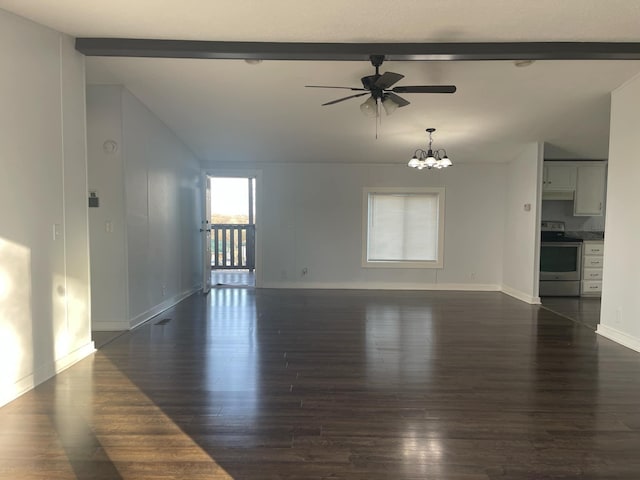 unfurnished room with ceiling fan with notable chandelier, lofted ceiling with beams, and dark hardwood / wood-style floors