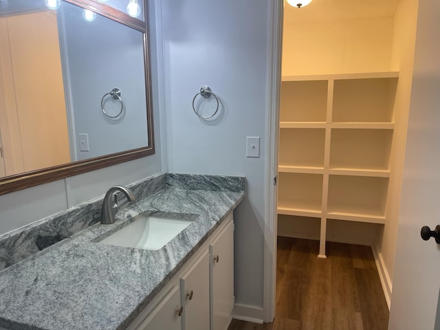 bathroom featuring vanity and hardwood / wood-style floors