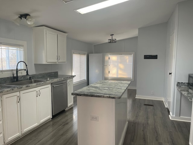 kitchen featuring white cabinetry, dark hardwood / wood-style floors, dishwasher, and sink