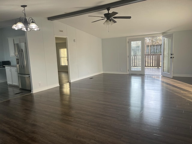 unfurnished room featuring vaulted ceiling with beams, ceiling fan with notable chandelier, and dark wood-type flooring